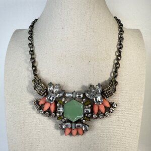 Jeweled Statement Bib Necklace Mint Green Coral Pink